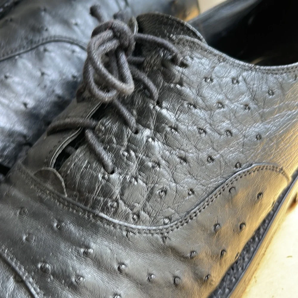 EXOTIC Genuine Ostrich Max Leather USA Cap Toe Oxfords in Black